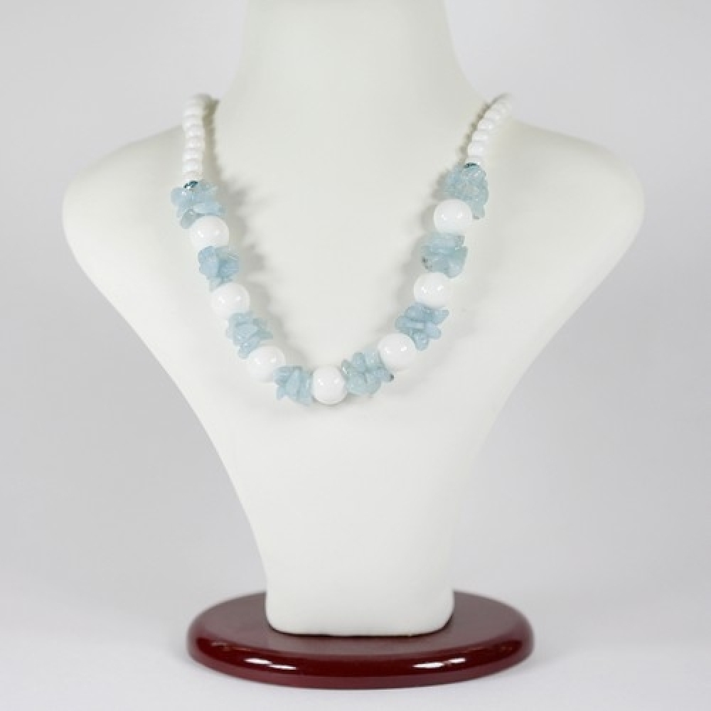 Ожерелье из аквамарина и агата белого - Русалка - 45-48 см
