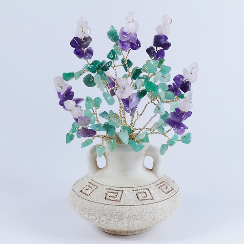 Букет сирени из авантюрина, аметиста и розового кварца в вазе антик - цветы из камня