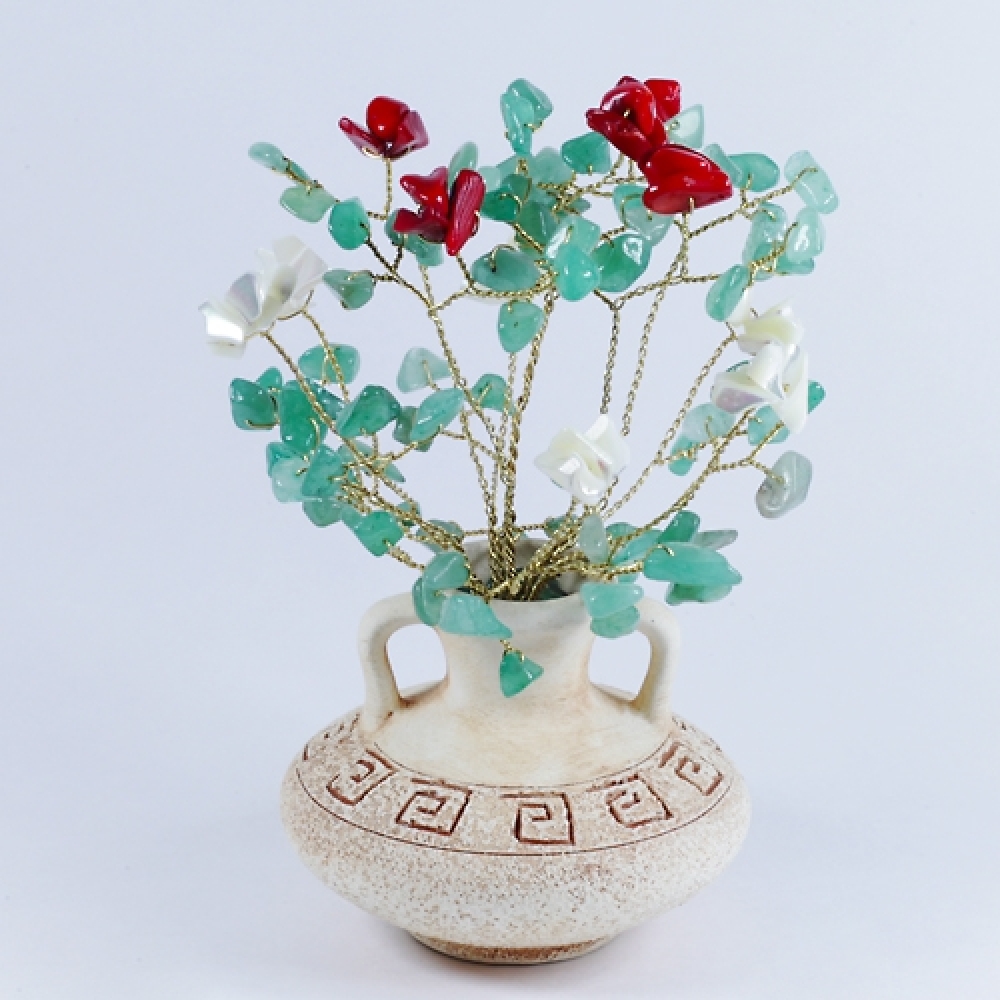 Букет с розами из авантюрина, коралла и перламутра в вазе антик - цветы из камня